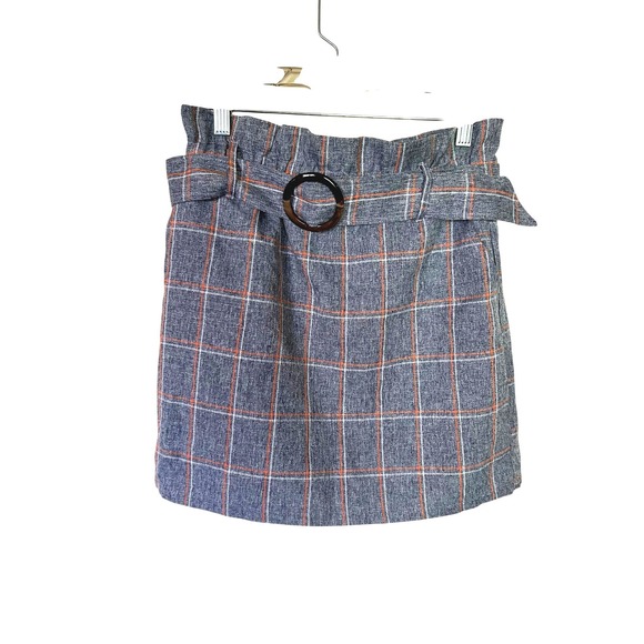 entro Dresses & Skirts - Entro Grey Orange Plaid Paperbag Waist Mini Skirt Belted High Rise Small Fall